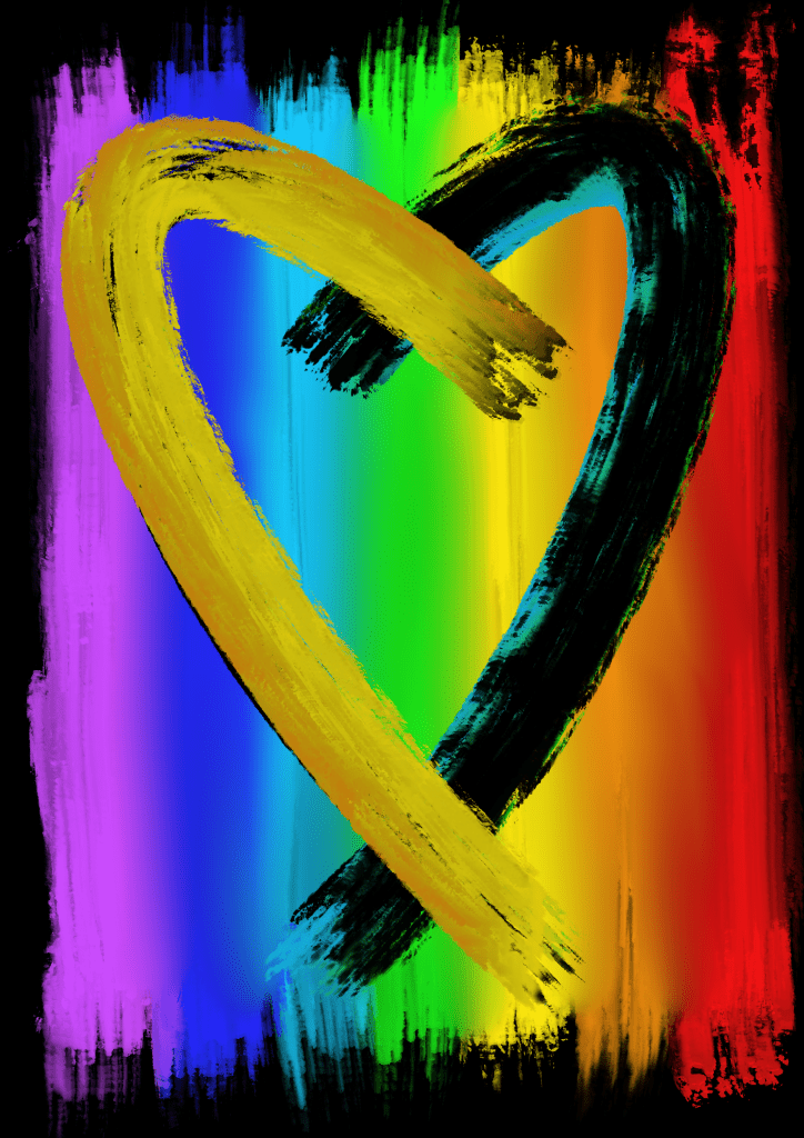 Love Unites - A black background with rainbow colours loosely painted in vertical lines. Two strokes of paint, one yellow, one black form a heart on top of the rainbow. 